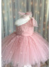 One Shoulder Blush Tulle Pearls Flower Girl Dress